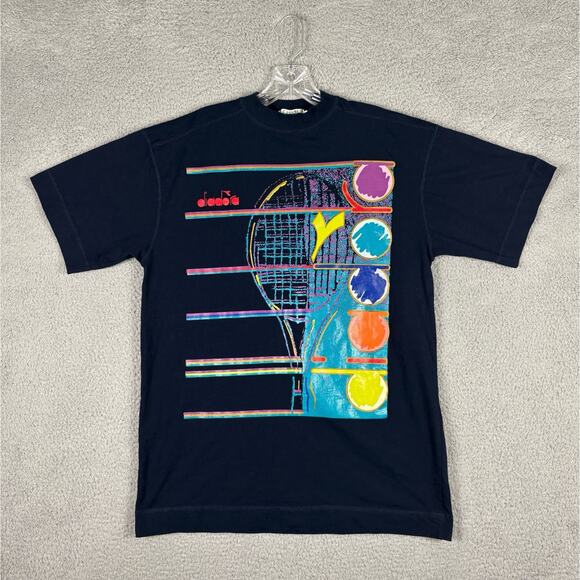 Vintage Diadora T-shirt Men’s XL Blue Loud Tennis Racket 80s 90s Italy Made - Picture 1 of 9